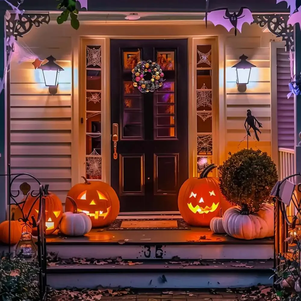 Halloween Pumpkin Wreath 12 Inch Front Door Decor with LED Lights and Timer